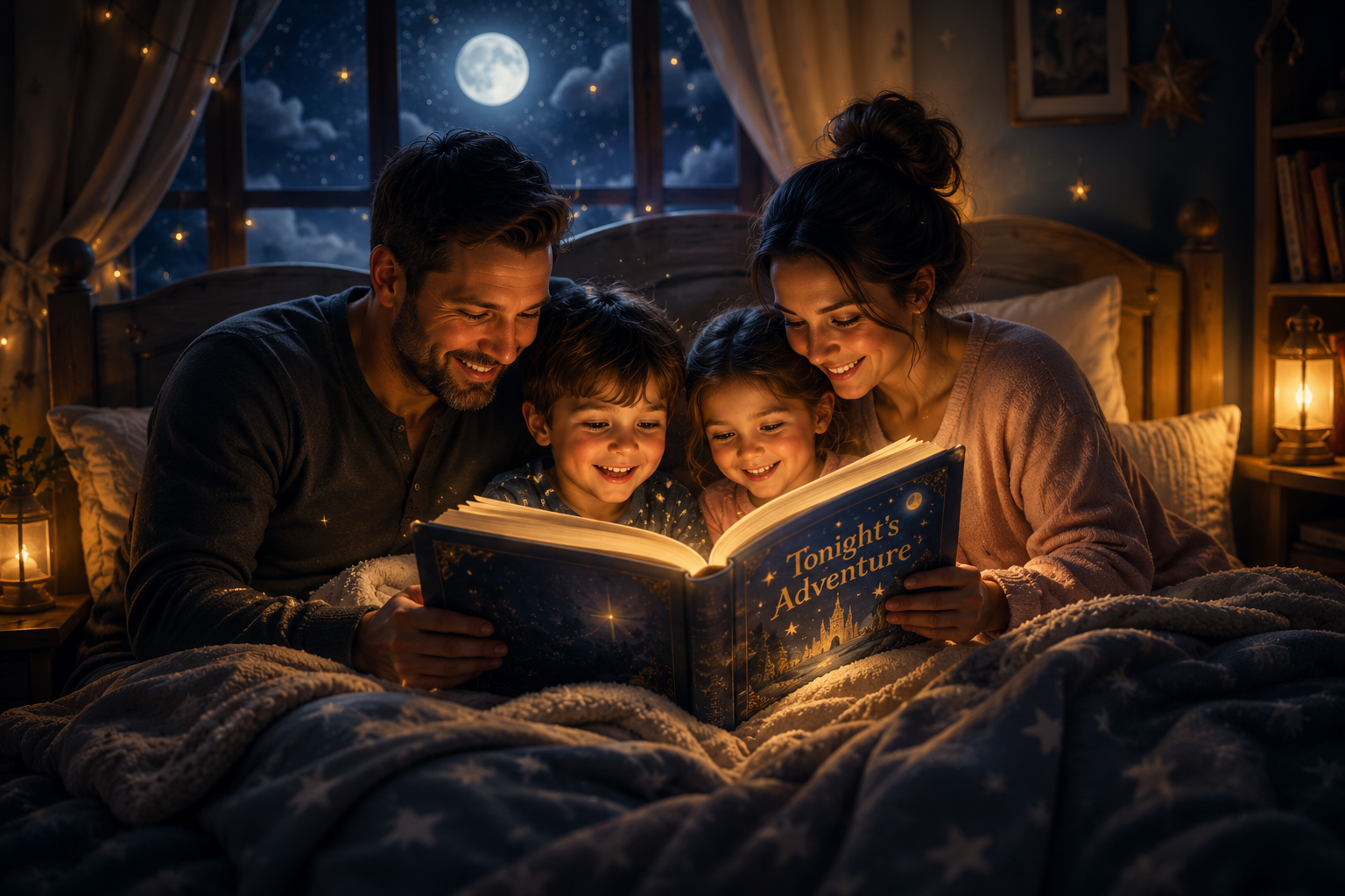 A family reading tonight's adventure together by moonlight