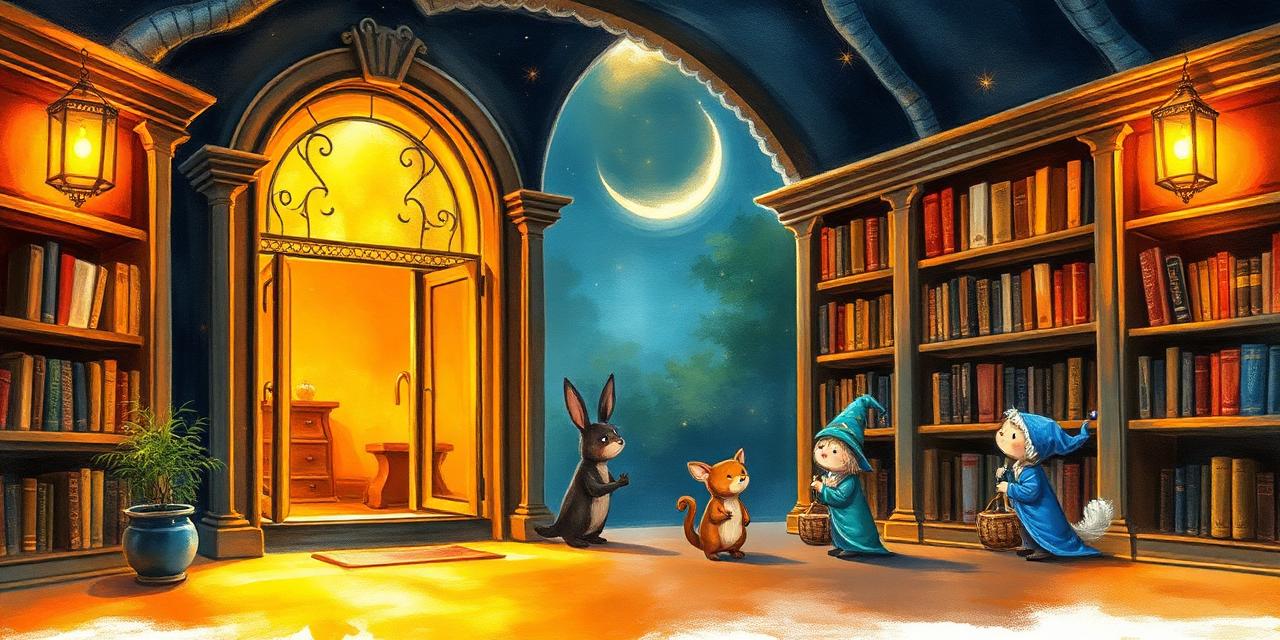 A cosy moonlit library where the Story Wizards greet new visitors.
